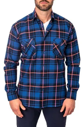 Maceoo Plaid Embroidered Cotton Flannel Button-Up Shirt in Blue at Nordstrom, Size Xx-Large