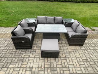 Fimous Rattan Outdoor Garden Furniture Sets Adjustable Rising lifting Dining Table Reclining Chair Sofa Set in Dark Grey