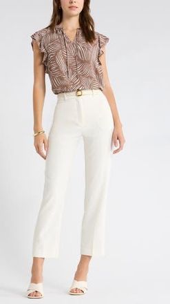 Nordstrom Rack Tie Neck Ruffle Cap Sleeve Top in Brown Lentil Palmetto Print at Nordstrom Rack, Size X-Large