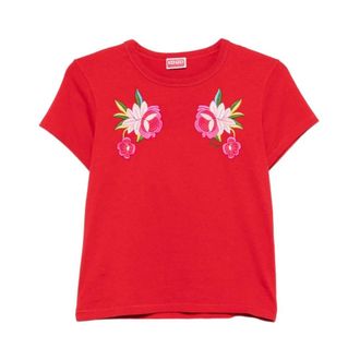 Kenzo Wildflower Geborduurd T-shirt - Dames - T-shirts - Rood - S - Katoen - Tops