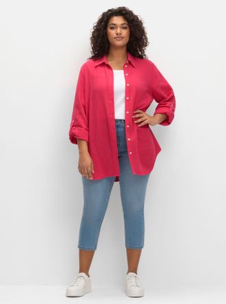 Sheego Hemdbluse SHEEGO, Damen, Gr. 44, pink (magenta), 100% Baumwolle, unifarben, Blusen Hemdbluse