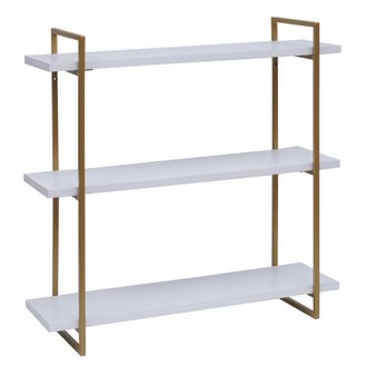 Hhg Estante De Pared Hhg-631, Estante Colgante, Estante Flotante, 3 Estantes Madera Maciza Industrial 60x60x18cm, Blanco, Metal Dorado