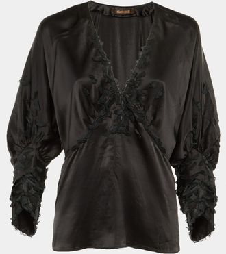 Roberto Cavalli Black Silk Floral Applique Detail Blouse