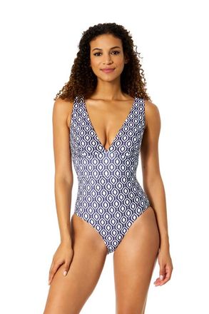 Anne Cole Womens Azzurra Geo Plunge Front One Piece Swimsuit at Nordstrom, Size 14