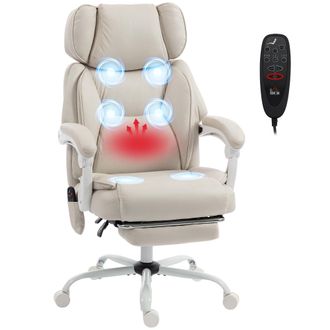 HOMCOM Homcom Silla De Oficina Con Masaje Vibratorio De 6 Puntos Y Calor Lumbar, Reclinable Con Reposacabezas Ajustable, Respaldo Alto, Reposapi&eacute;s, Crema