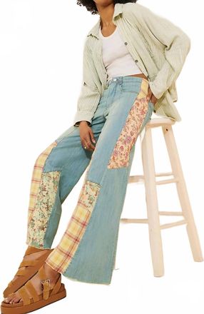 Pilcro Womens Relaxed Flare Patch Work Edition Jeans In Blue, Yellow