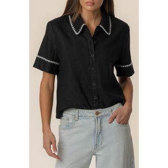 Kut from the Kloth Marisol Linen Blend Button-Up Shirt in Black/White at Nordstrom, Size X-Large