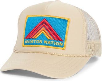 Aviator Nation Mountain Stripe Logo Embroidered Snapback Trucker Hat in Khaki at Nordstrom