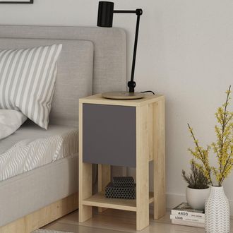 Decortie Comodino Mobiletto 2 Ripiani Anta Ribalta Tavolino Moderno Quercia E Antracite