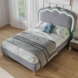 Merax 3FT Single Velvet Upholstered Bed with LED Adjustable Headboard in Grey