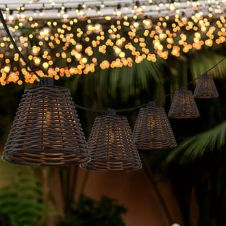 Jonathan Y Designs Payton 10-Light Indoor/Outdoor 10 ft. Classic Cottage Incandescent G40 Faux-Rattan Shaded String Lights, Brown