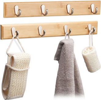 Relaxdays Relaxdays Bamboo Wall Hook Bar, Natural Grain, Metal, Hallway Coat Rack, Towel Holder, 4 Hooks, HWD: 6x48.5x5cm, Natural