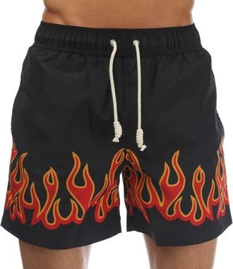 Palm Angels Mens Burning Flames Print Swim Shorts in Black Red - Size Small