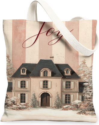 Generic Joyful Vintage House Canvas Tote Bags, Rustic Winter Design Lightweight Washable Shoulder Strap Reusable Grocery Bags for H, Beige, 13x15 Inch