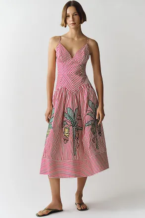 Farm Rio Palm Tree Striped Midi Dress