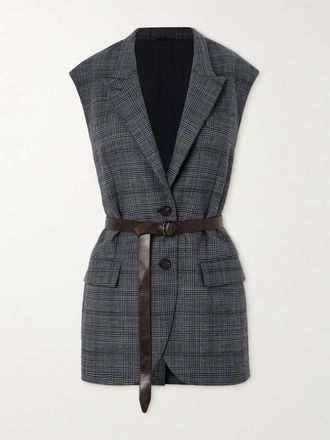 Brunello Cucinelli Gilet In Lana Principe Di Galles Con Cintura, Finiture In Pelle E Perline - Grigio