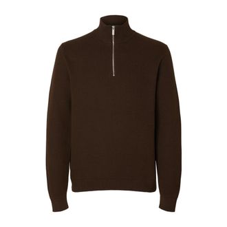 Selected Half Zip Gebreide Structuur Trui - Heren - Truien - Bruin - Maat: L Katoen