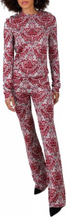 Paco Rabanne Jersey Knit Long Sleeve Paisley Top In Red/silver