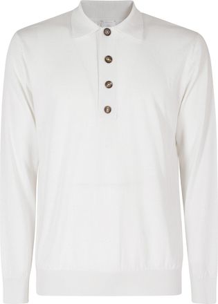 Eleventy White Long Sleeve Cotton-Cashmere Polo Shirt