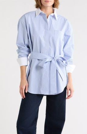 Good American Stripe Poplin Tie Waist Button-Down Shirt in Hot Girl Stripe at Nordstrom Rack, Size X-Small