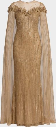 Mac Duggal Beaded Illusion Cape Gown