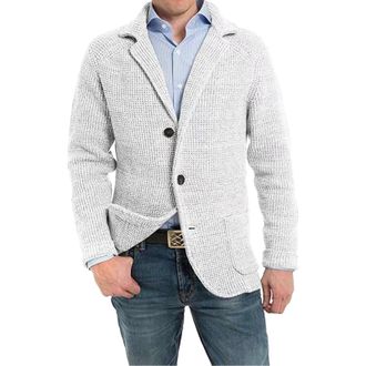 Generic Mens Sweaters Knitted Cardigans Sweater Business Blazer Knitwear with Pockets Long Sleeve Button Down Jackets Clothes White XL