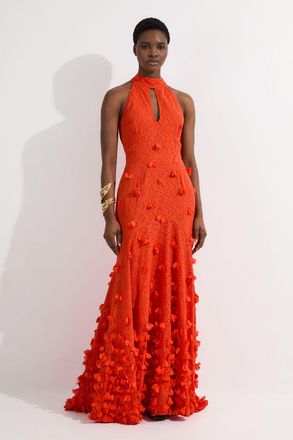Karen Millen Womens Petal Applique Embellished Broderie Rosette Maxi Dress - Orange Cotton - Size 10 UK