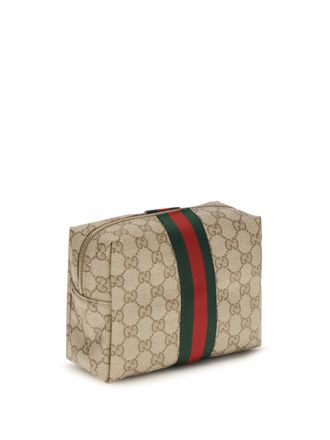 Gucci Womens Beauty Case With Web Stripe Vin Sand Brown-Dark Brown-Vrv Fabric Make Up Bags Brown/dark Brown/vrv
