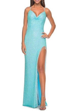 La Femme Sequin Dress with Stunning Fringe Beaded Slit in Light Blue at Nordstrom, Size 4