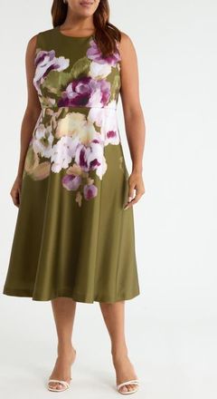 Anne Klein Placed Floral Sleeveless Satin Midi Dress in Ivy Multi at Nordstrom, Size 14W