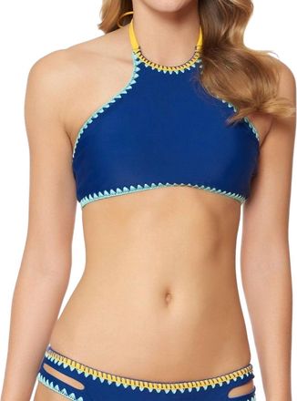 Jessica Simpson Woodstock Reversible High Neck Bikini Top In Marine And Peri