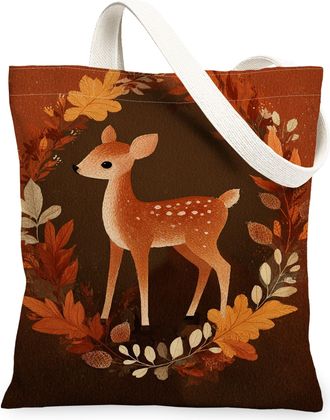 Generic Autumn Deer Canvas Tote Bags, Rustic Forest Animal Design Reusable Grocery Bags, Lightweight Washable Shoulder Strap Canvas, Brown, 13x15 Inch