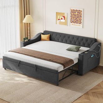 Merax 3ft Single Grey Daybed Sofa Bed with Trundle & Charging Station