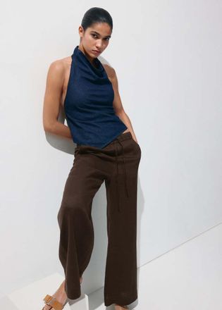 Mango Pantaloni wide leg lino cioccolato - Donna - XXS - MANGO