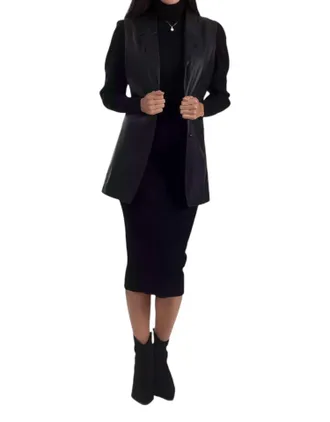 Nine West Womens Faux Leather Sleeveless Blazer In Black