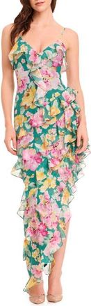 Dress The Population Josefina Metallic Floral Ruffle Detail Gown in Pine Multi at Nordstrom, Size Xx-Large