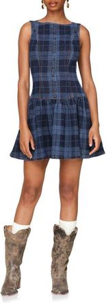 Avec Les Filles Plaid Drop Waist Cotton Blend Denim Dress in Royal Blue Plaid at Nordstrom, Size 14