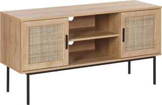 Beliani Beliani - Mueble De Tv Con 2 Puertas Madera Clara Frente De Rat&aacute;n Natural 120 X 63 Cm Patas De Metal Mimbre Estilo Boho Pasco