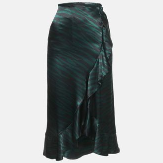 Ganni Ganni Black/Green Animal Print Satin Ruffled Midi Skirt XS