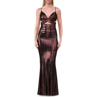 La Femme Cut Out Prom Dress with Metallic Stretch Jersey Fabric in Bronze at Nordstrom, Size 10