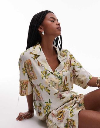 Topshop Camicia resort con stampa di limoni in coordinato-Multicolore