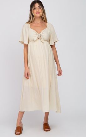 Pinkblush Front Tie Ruffle Sleeve Midi Dress in Beige at Nordstrom, Size X-Large