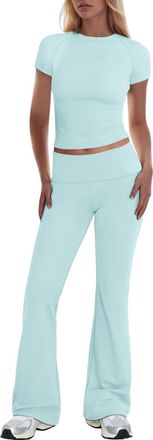 Generic Womens Tracksuits 2 Piece Y2k Outfits Short Sleeve Crop Top and Low Rise Fold Over Flare Yoga Pants Lounge Sets S-L Light Blue