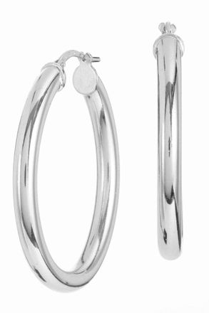 Savvy Cie Jewels RHODIUM PLATED OVER BRASS OVAL SHAPED PLAIN HOOP EARRINGS