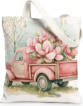 Generic Spring Magnolia Truck Flower Canvas Tote Bag for Shopping 13x15, Farmhouse Floral Scenic Reusable Grocery Print Bag for Women, Garden Beach Aesthetic 