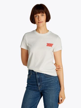 Tommy Jeans T-Shirt TOMMY JEANS TJW REG TJ BUBBLE TEE, Damen, Gr. XS (34), beige (ecru), Jersey, Obermaterial: 100% Baumwolle, unifarben, regular fit h&uuml;ftlang, Ru