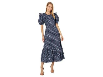 English Factory Floral Printed Cotton Open Back Midi Dress Womens Dress Navy : LG