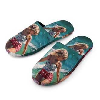 Generic Young Woman Surf Surfing Ocean Waves Mens House Slippers Slip Indoor Slipper On Shoes Warm Outdoor