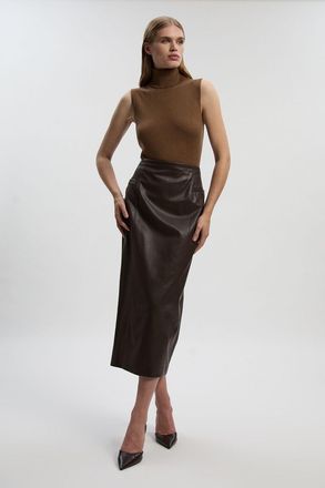 Karen Millen Womens Faux Leather Seam Waist Detail Pencil Midi Skirt - Chocolate - Size 12 UK