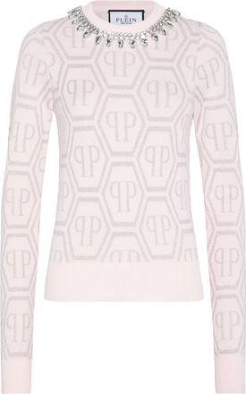 Philipp Plein Pullover Round Neck Monogram - Dames - Ronde hals truien - Roze - M - Katoen - Truien & Vesten